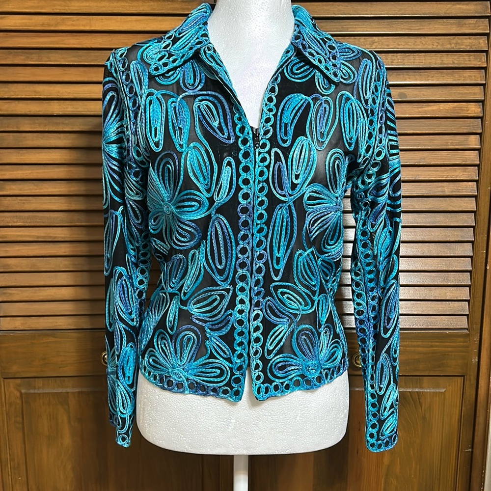 P's & Q's Sheer Black Teal Blue Embroidered Textured Floral Zip-up Jacket Size M